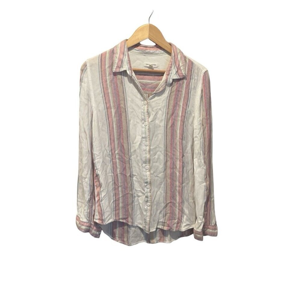 Beach Lunch Lounge Button Up Shirt Pocket Long Sleeve Women M White Pink Stripe